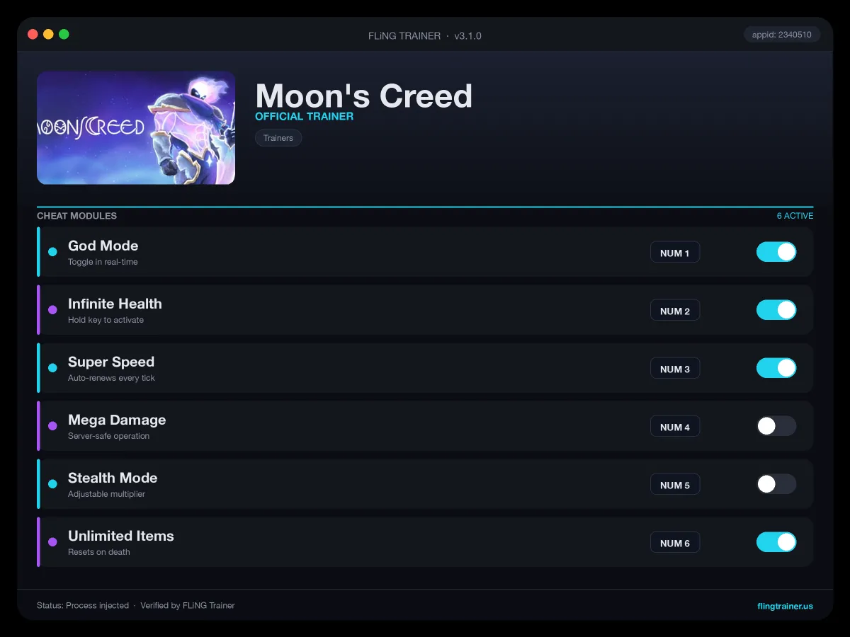Moon's Creed Trainer interface