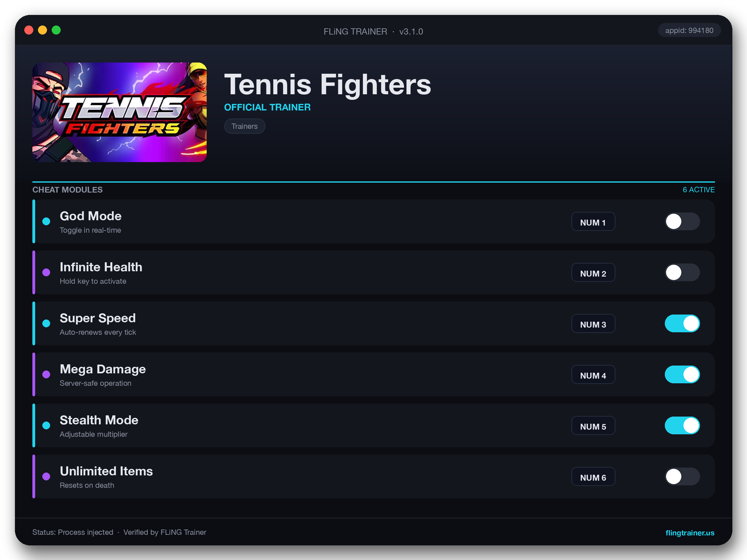 Tennis Fighters Trainer interface