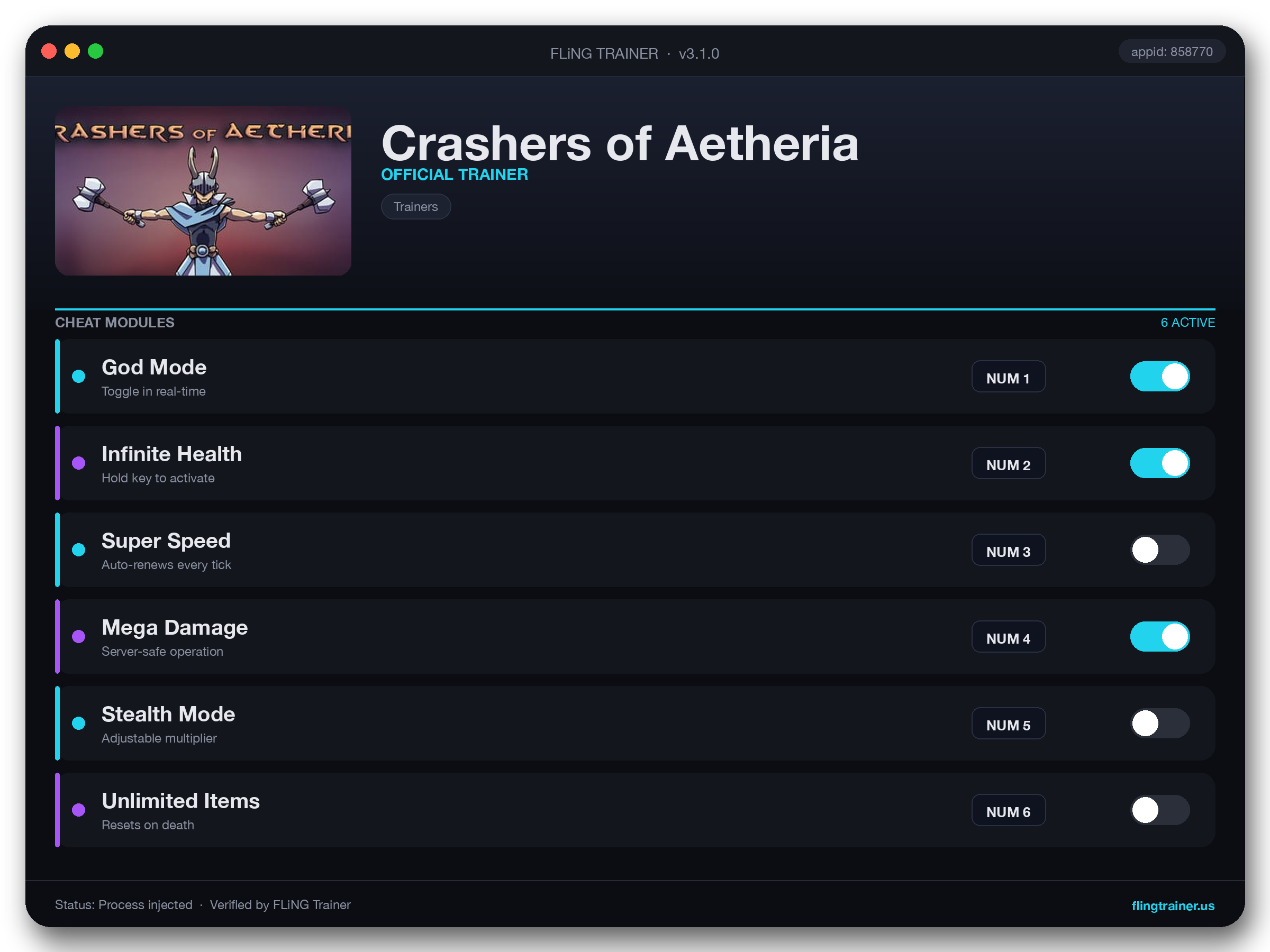 Crashers of Aetheria Trainer interface