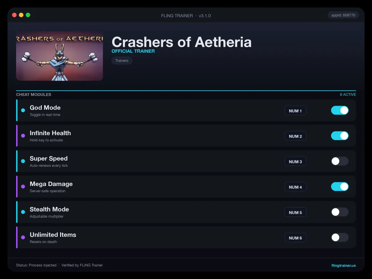 Crashers of Aetheria Trainer interface