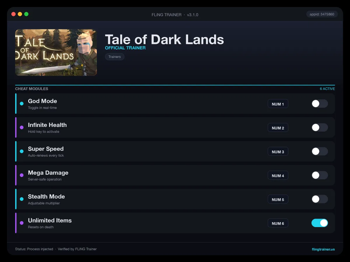 Tale of Dark Lands Trainer interface