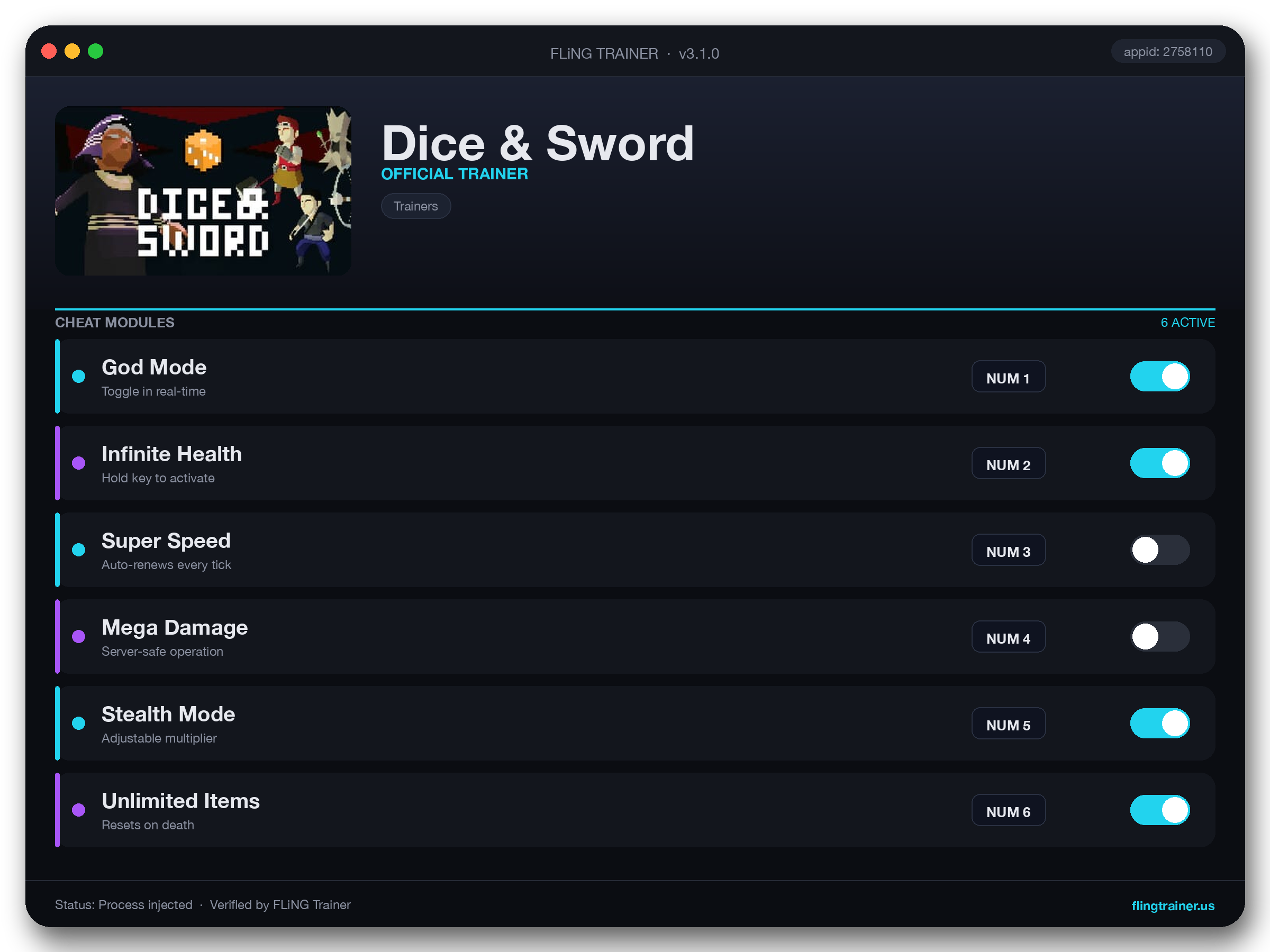 Dice & Sword Trainer interface