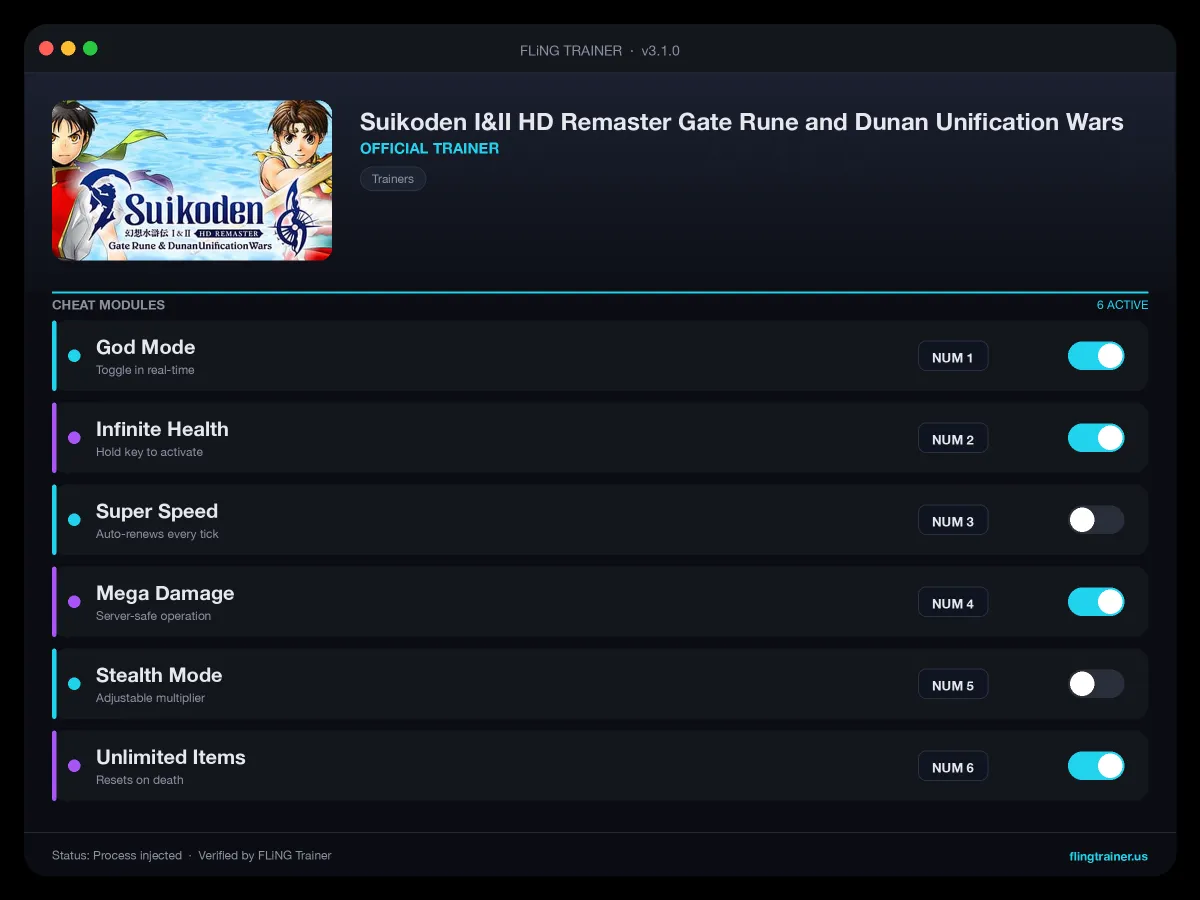 Suikoden I&II HD Remaster Gate Rune and Dunan Unification Wars Trainer interface