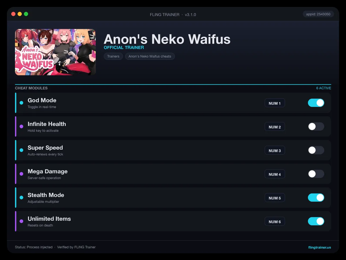 Anon's Neko Waifus Trainer interface