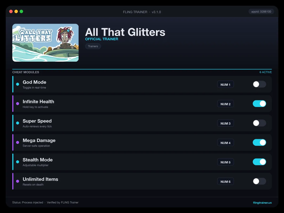 All That Glitters Trainer interface