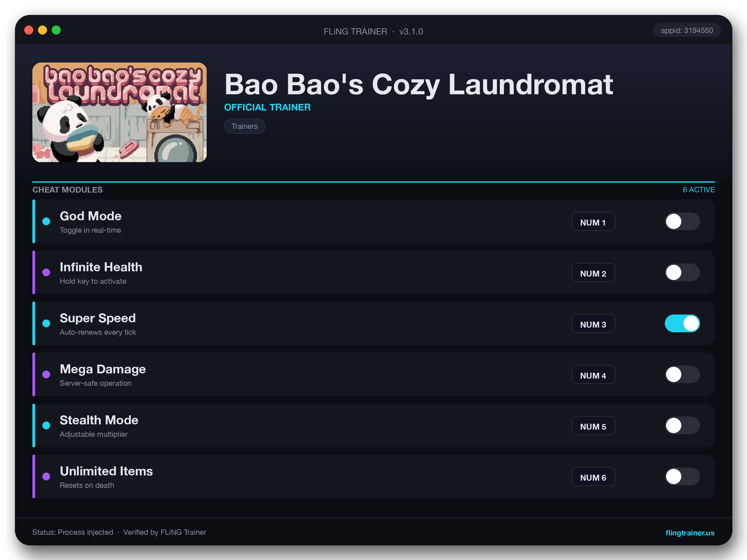 Bao Bao's Cozy Laundromat Trainer interface