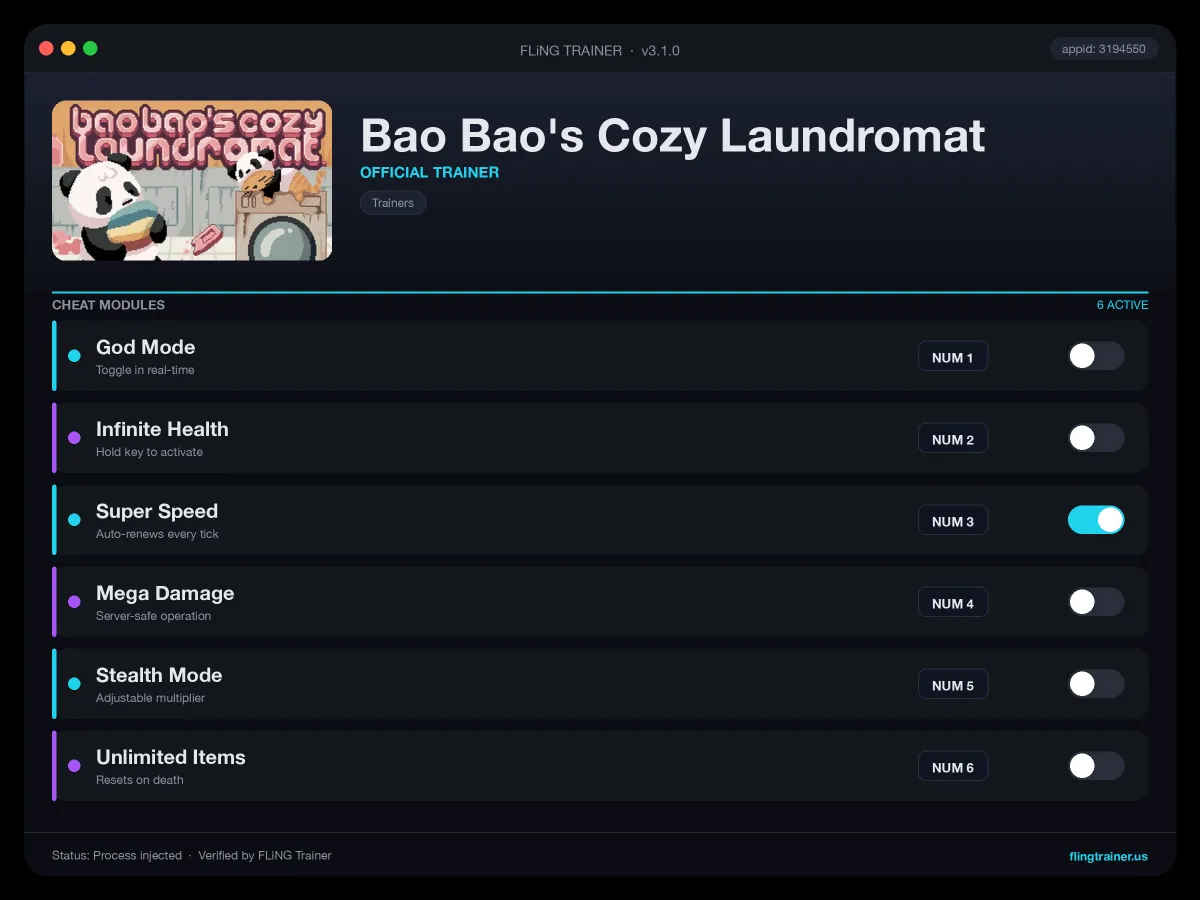 Bao Bao's Cozy Laundromat Trainer interface