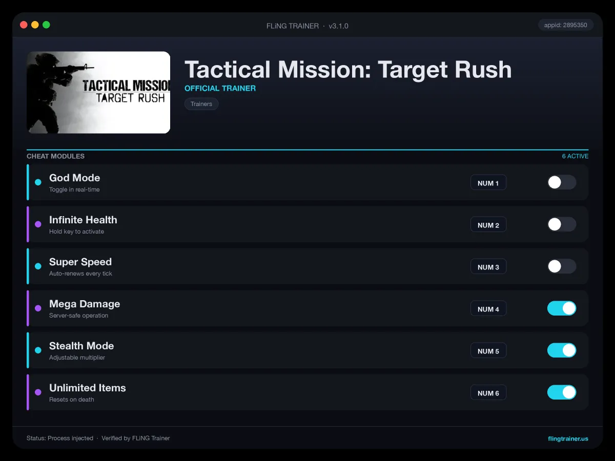 Tactical Mission: Target Rush Trainer interface