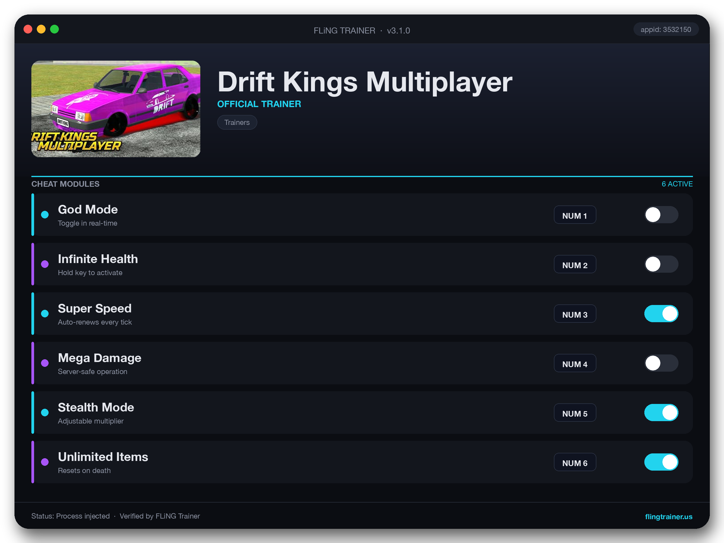 Drift Kings Multiplayer Trainer interface