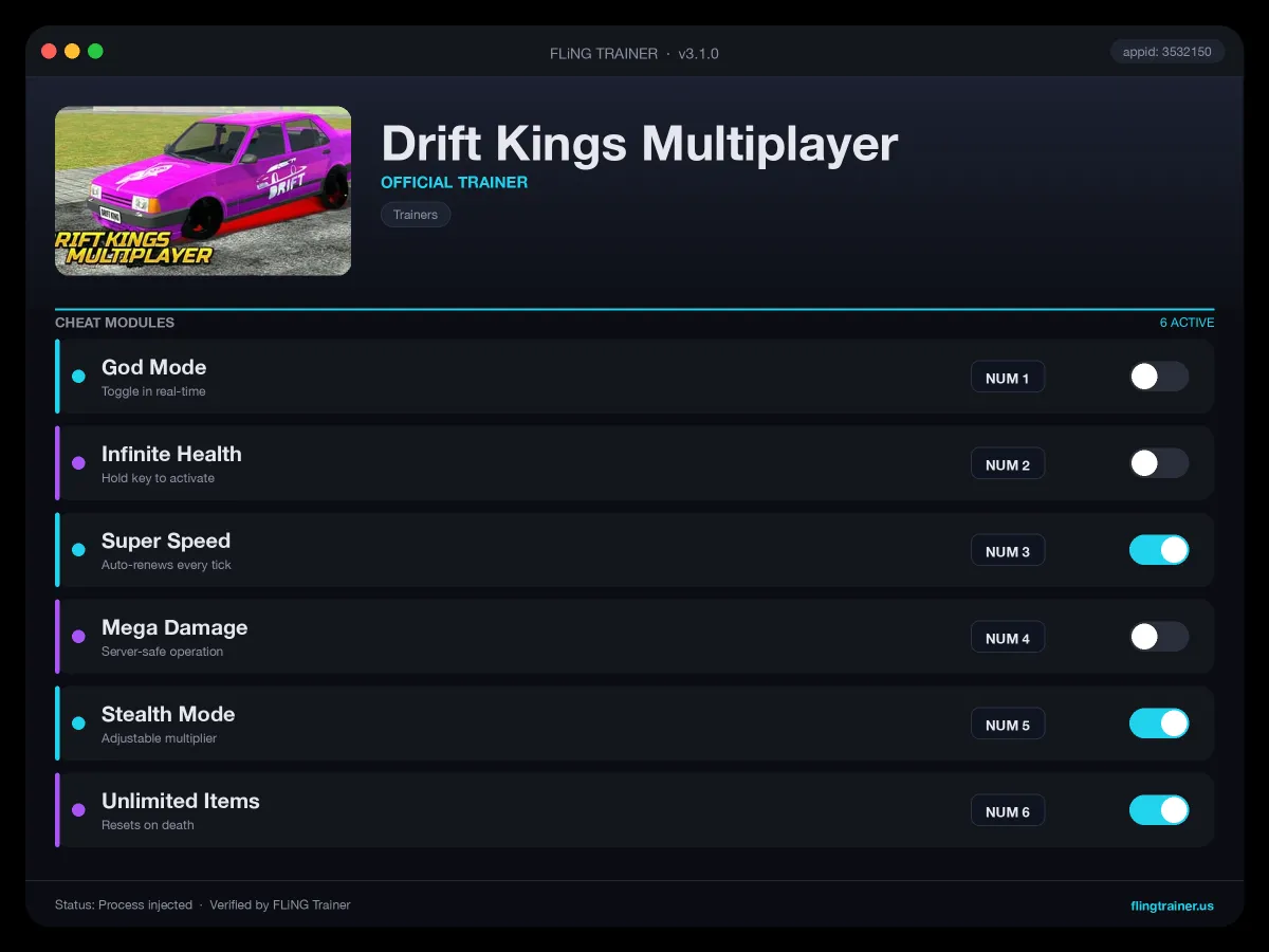 Drift Kings Multiplayer Trainer interface