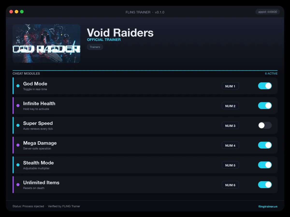 Void Raiders Trainer interface