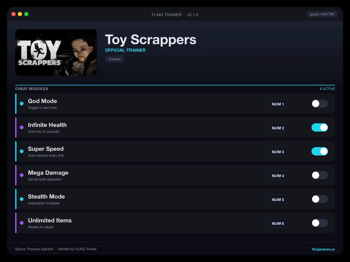 Toy Scrappers Trainer interface