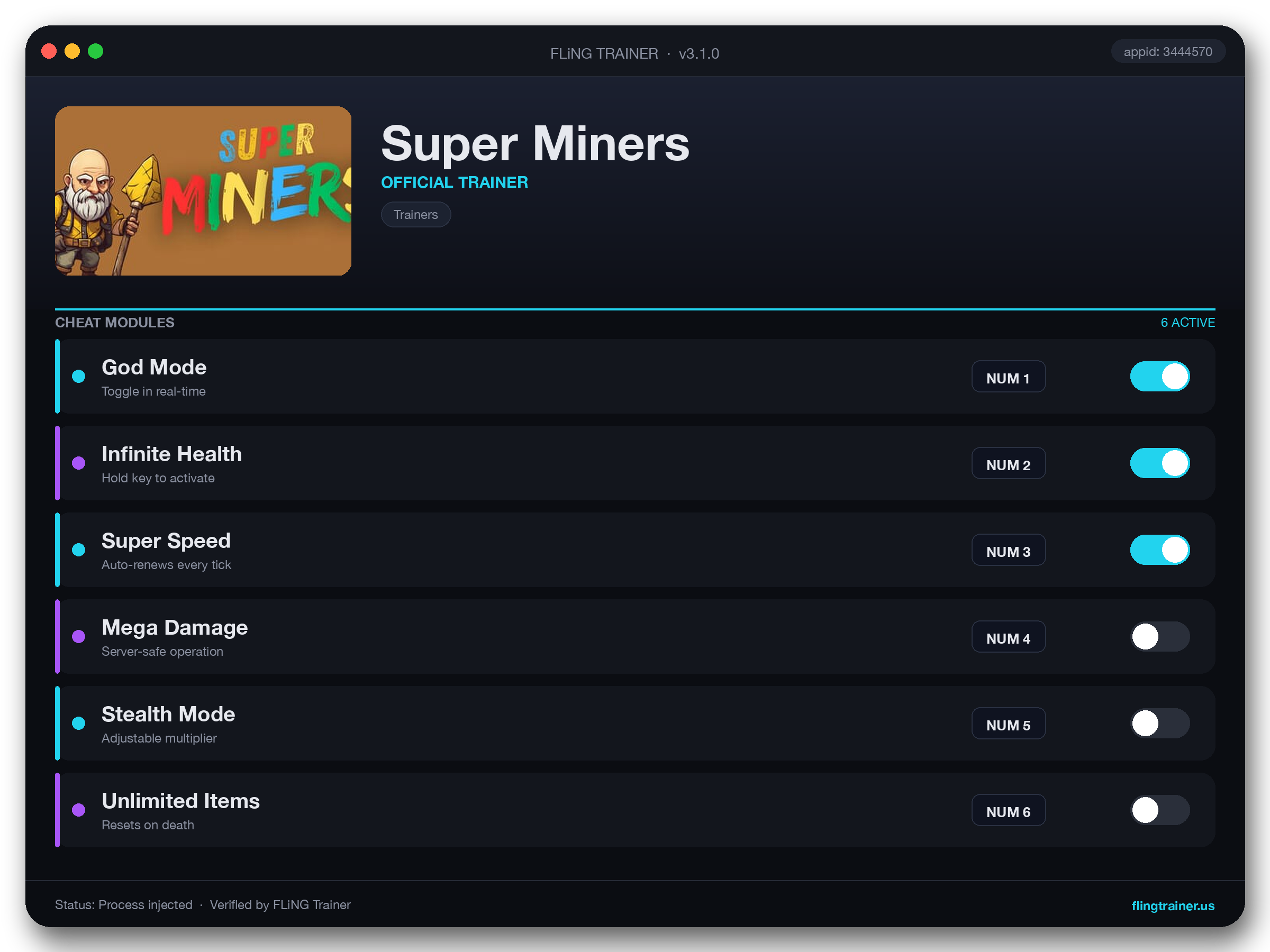 Super Miners Trainer interface