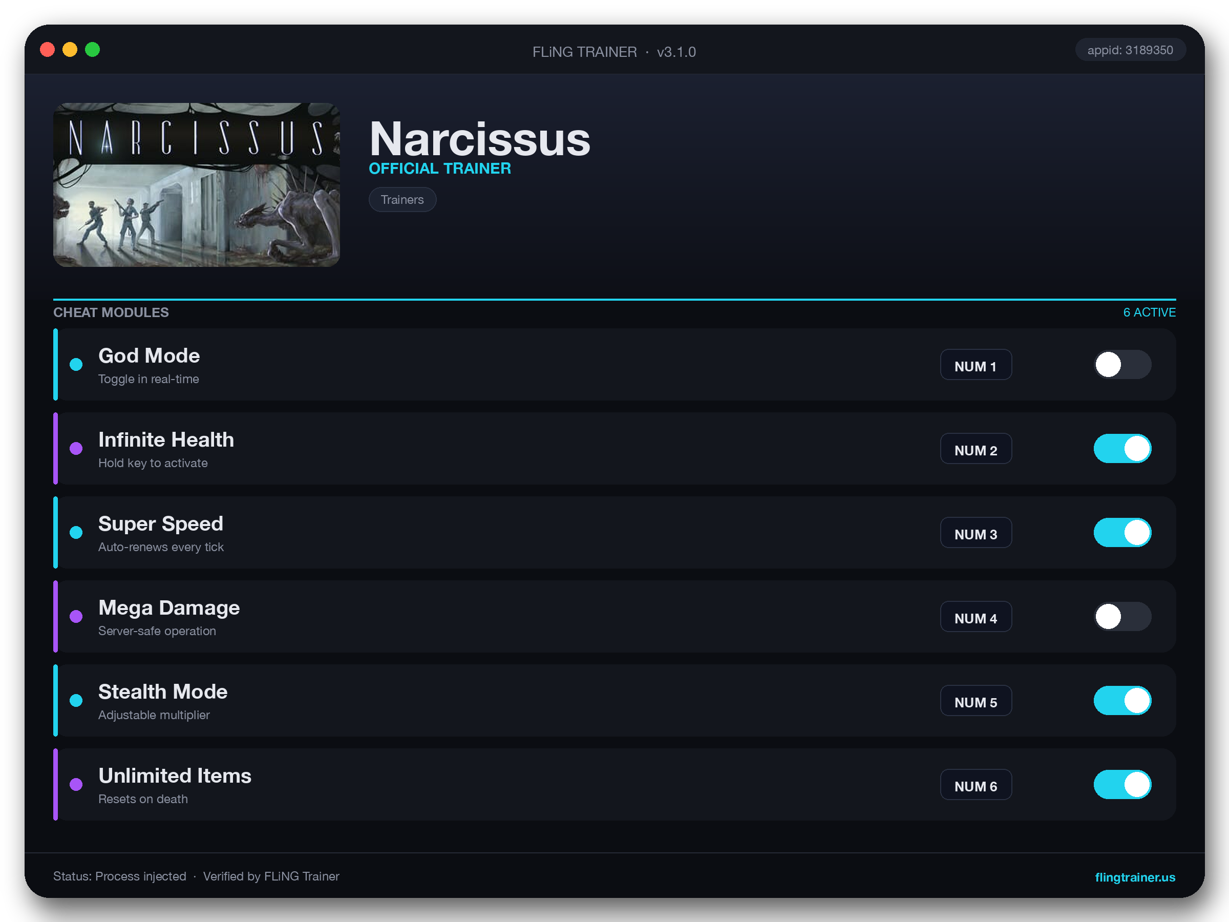 Narcissus Trainer interface