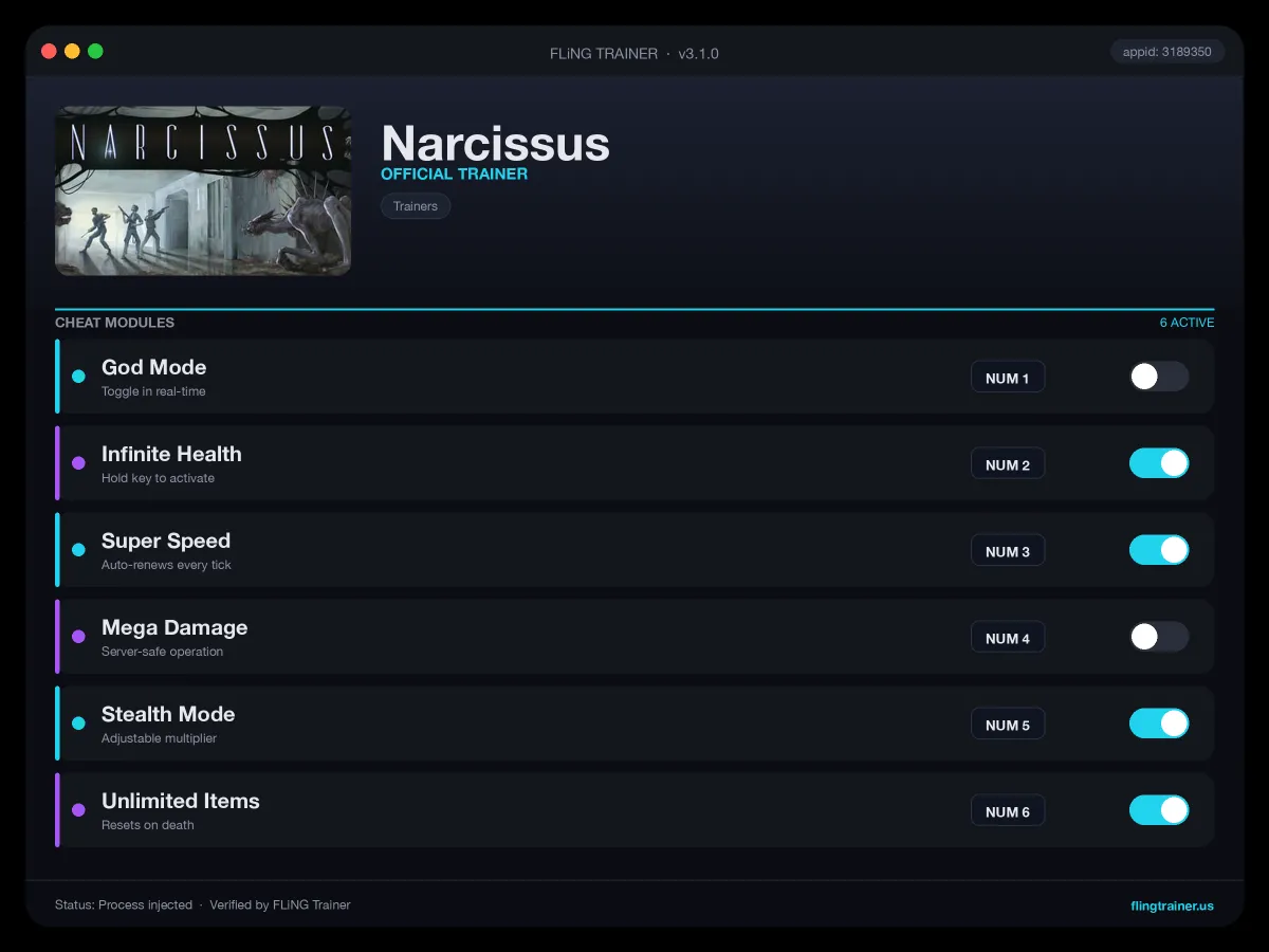 Narcissus Trainer interface