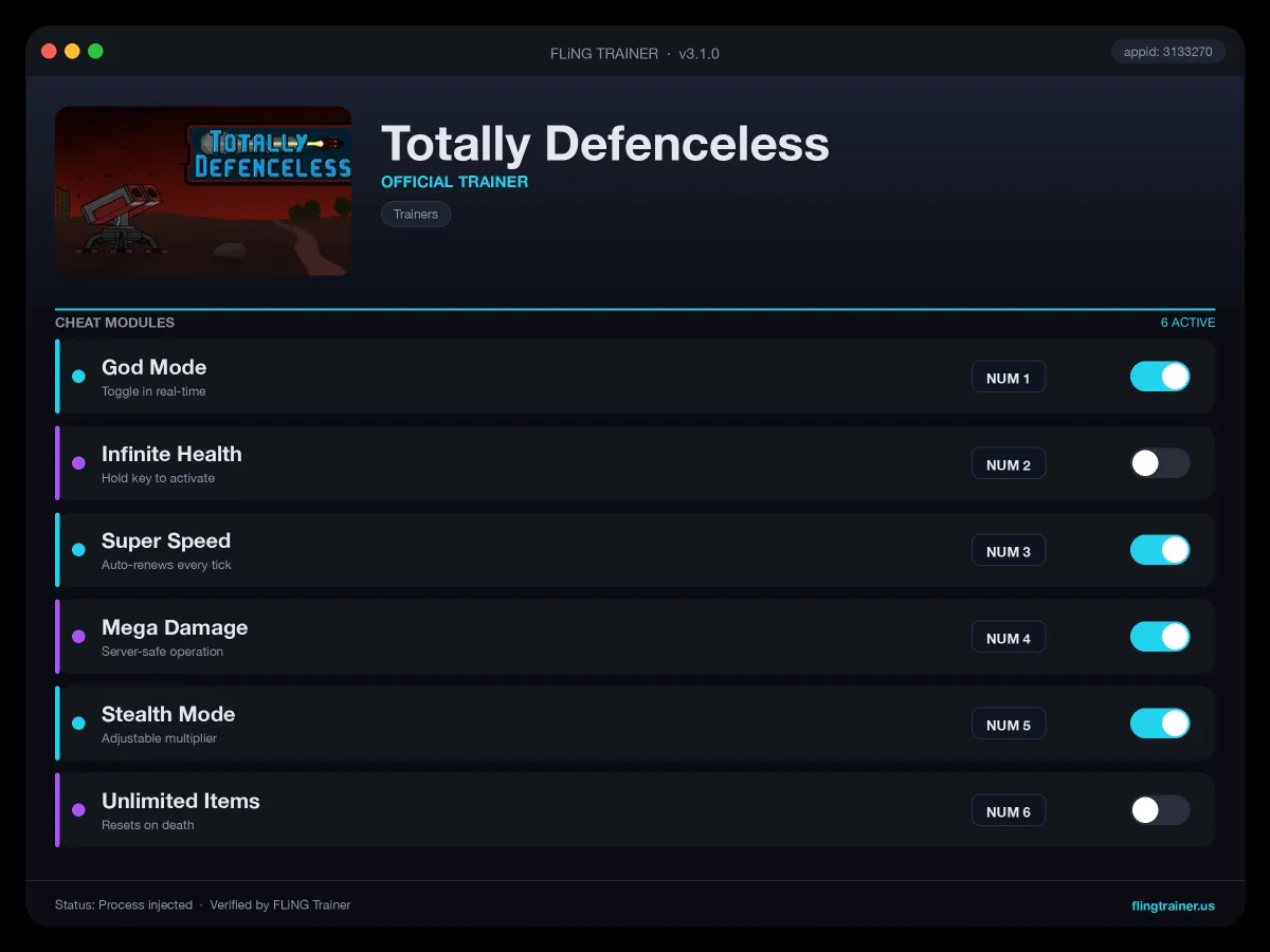 Totally Defenceless Trainer interface