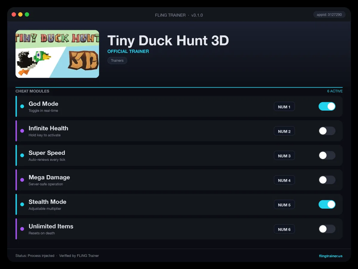 Tiny Duck Hunt 3D Trainer interface