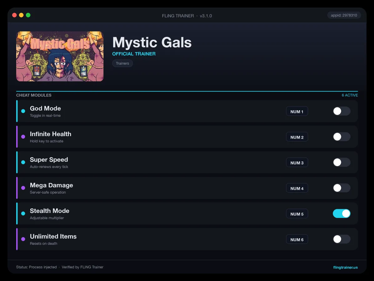Mystic Gals Trainer interface