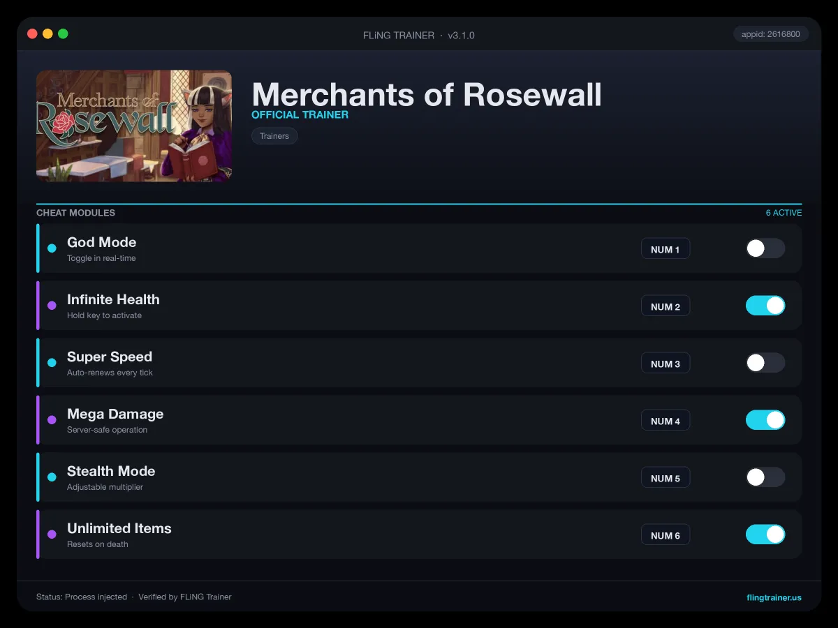 Merchants of Rosewall Trainer interface