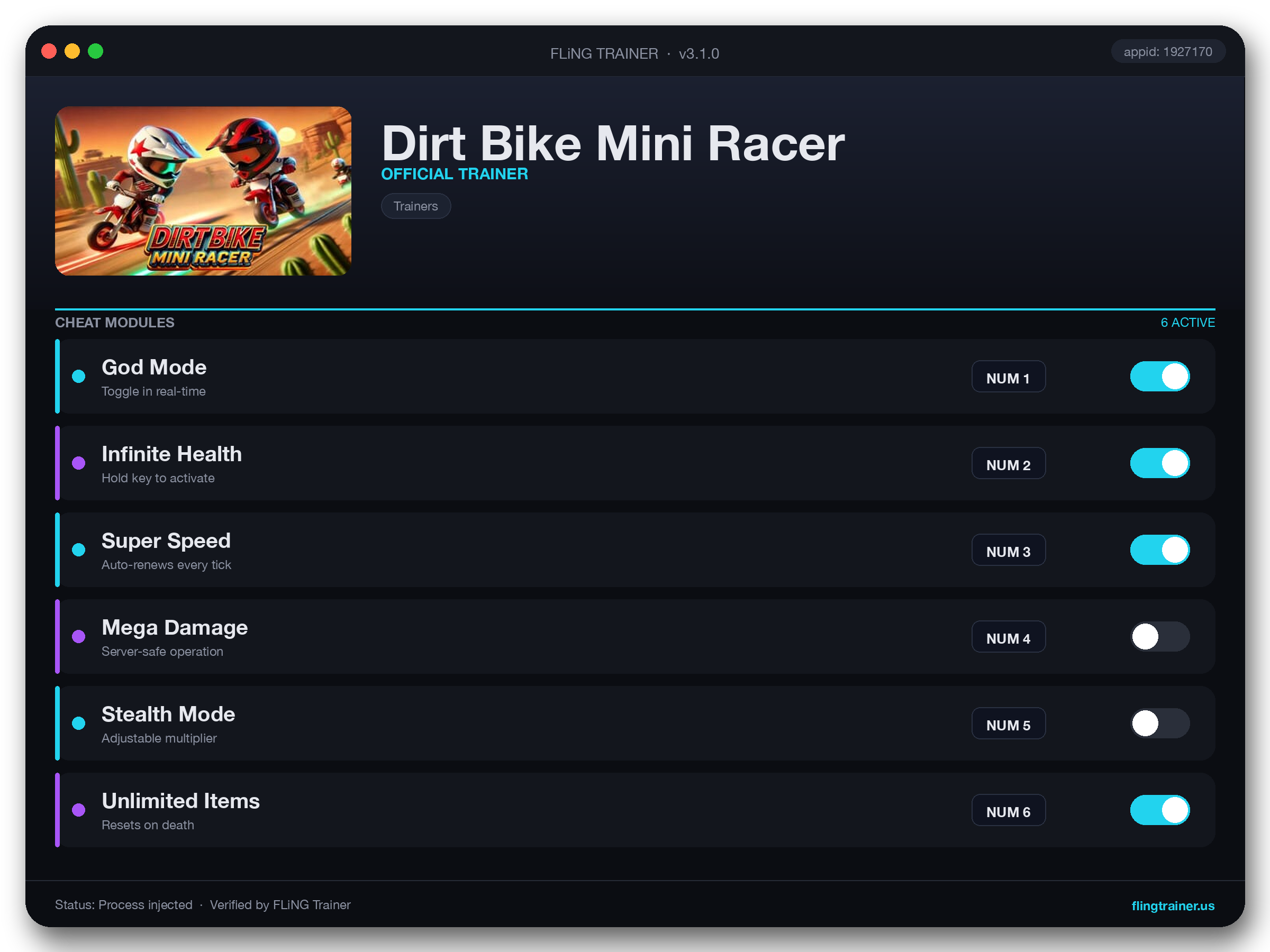 Dirt Bike Mini Racer Trainer interface