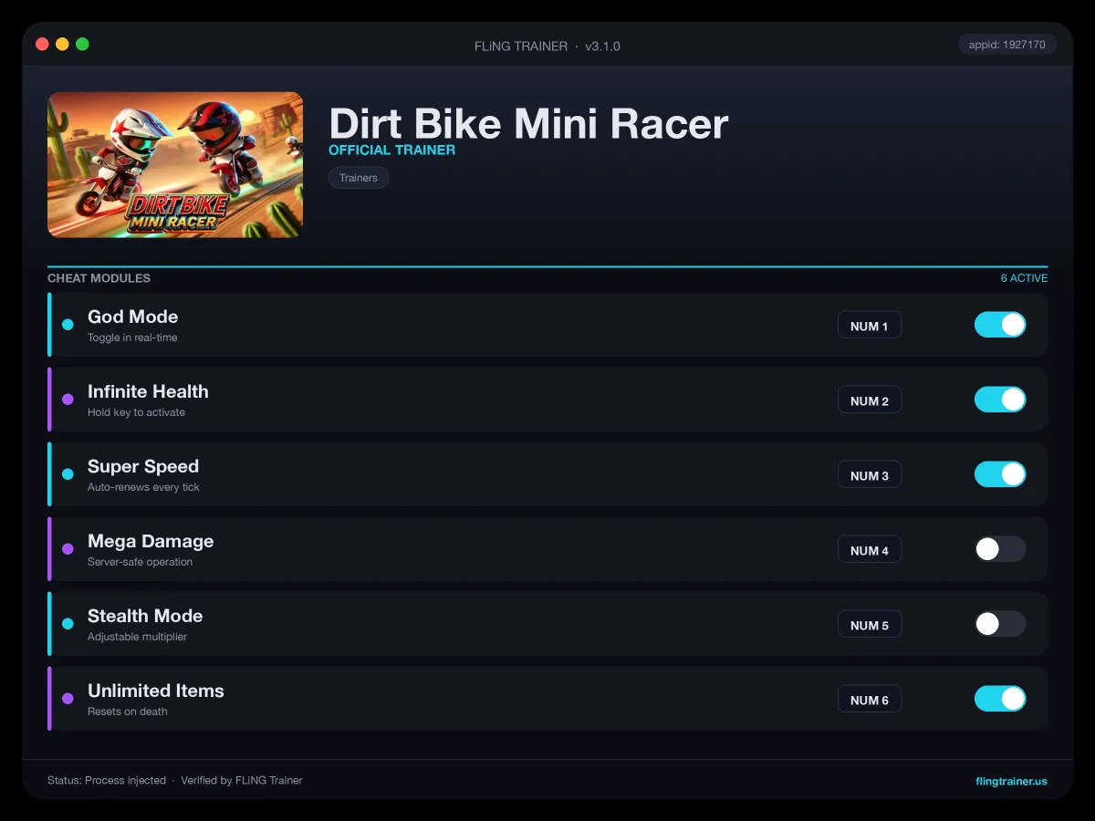 Dirt Bike Mini Racer Trainer interface