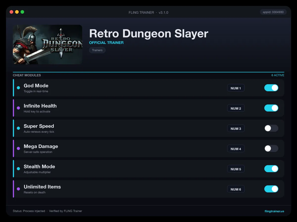 Retro Dungeon Slayer Trainer interface