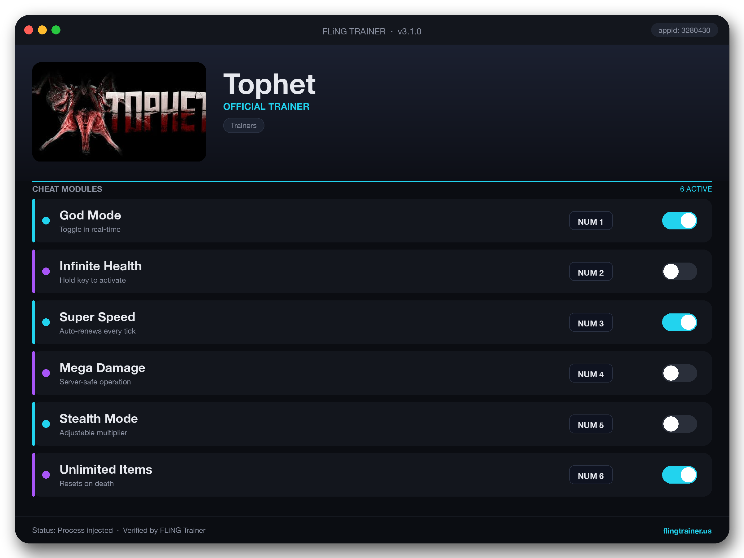 Tophet Trainer interface