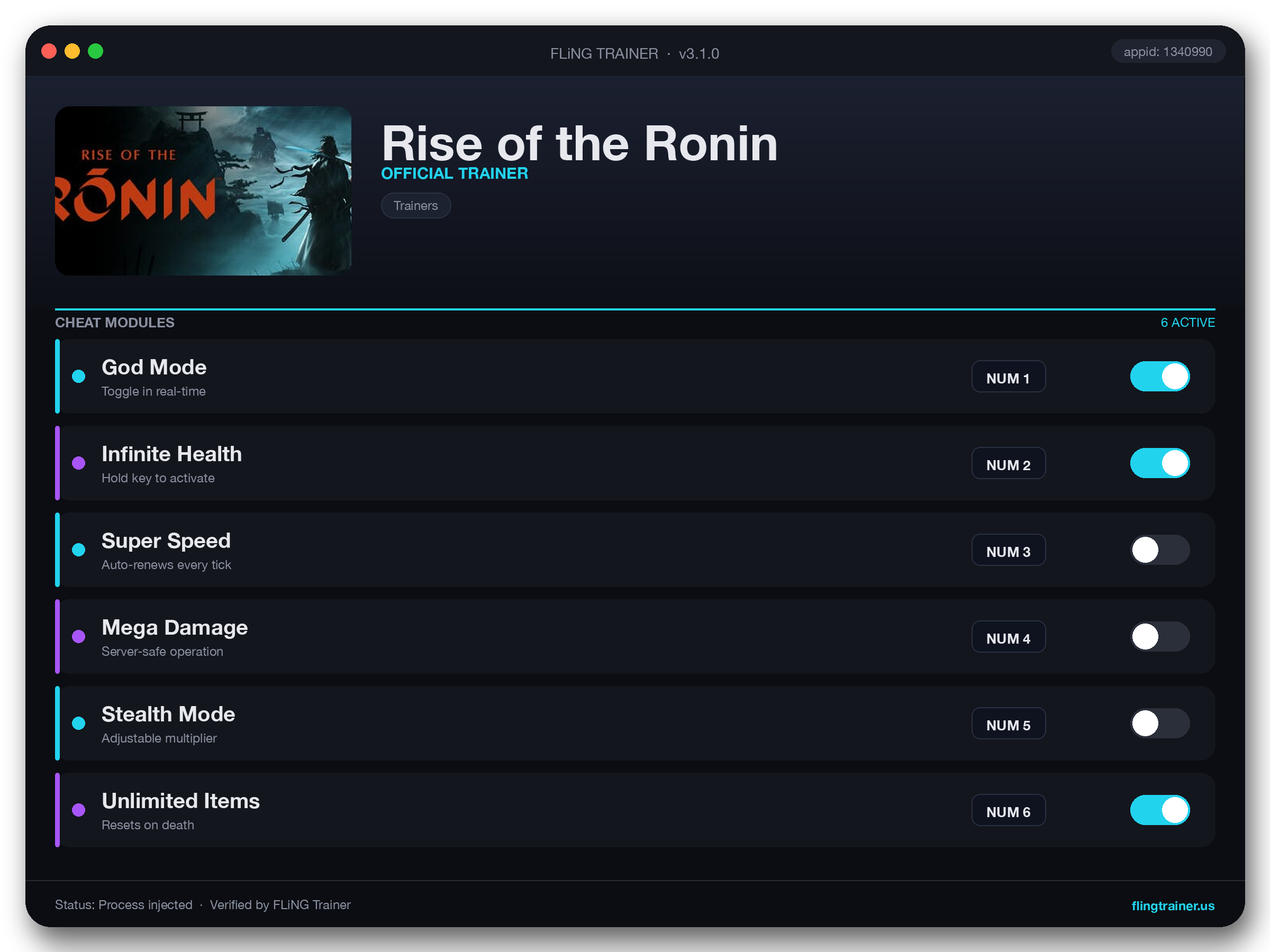 Rise of the Ronin Trainer interface