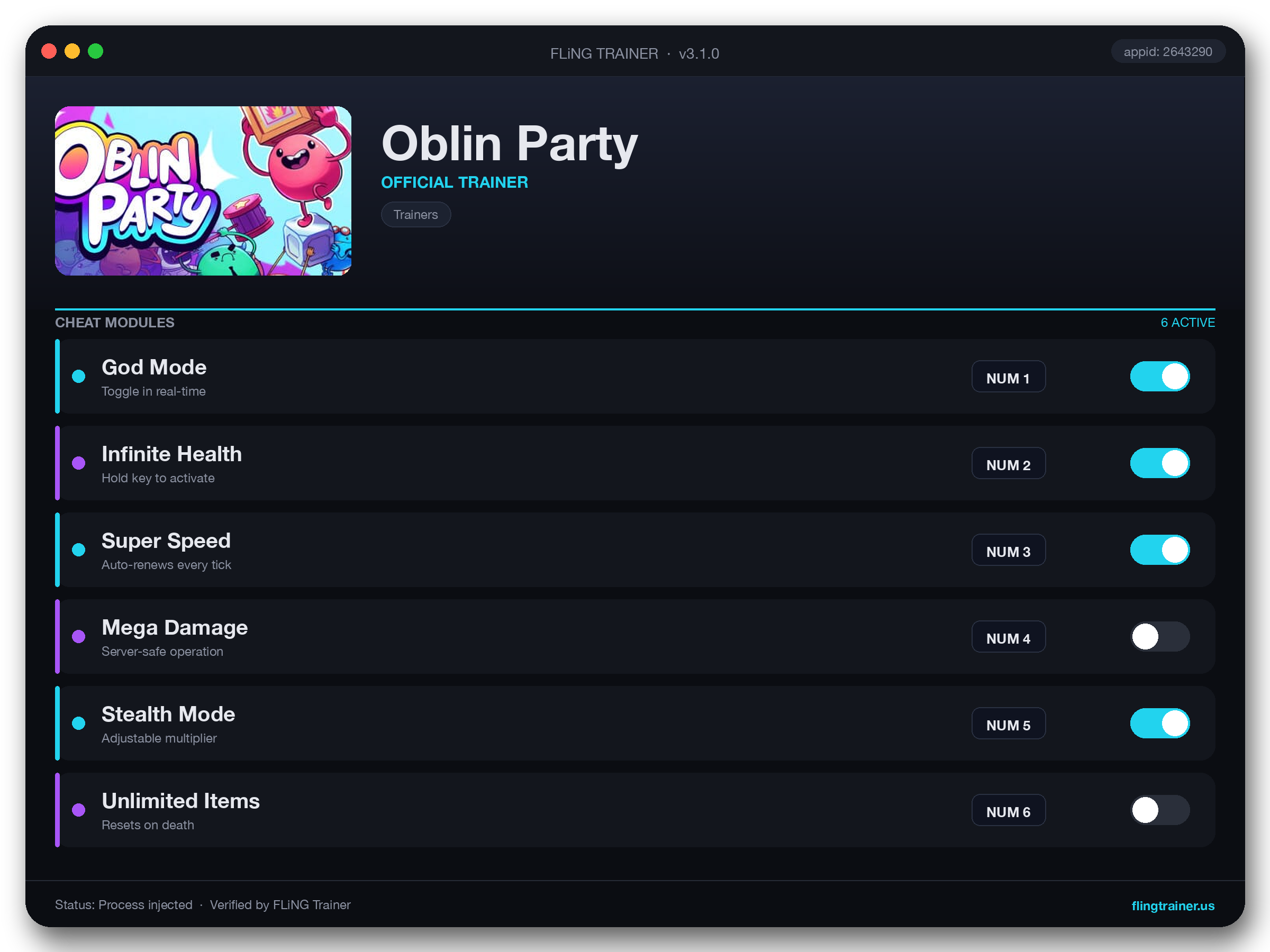 Oblin Party Trainer interface