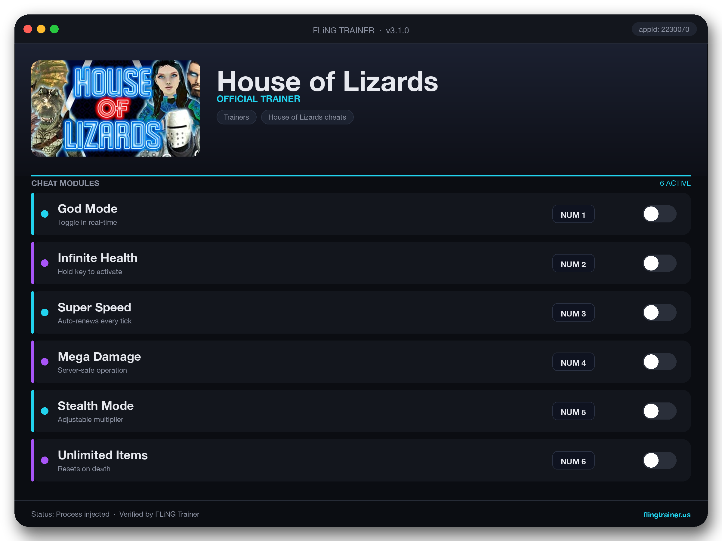 House of Lizards Trainer interface