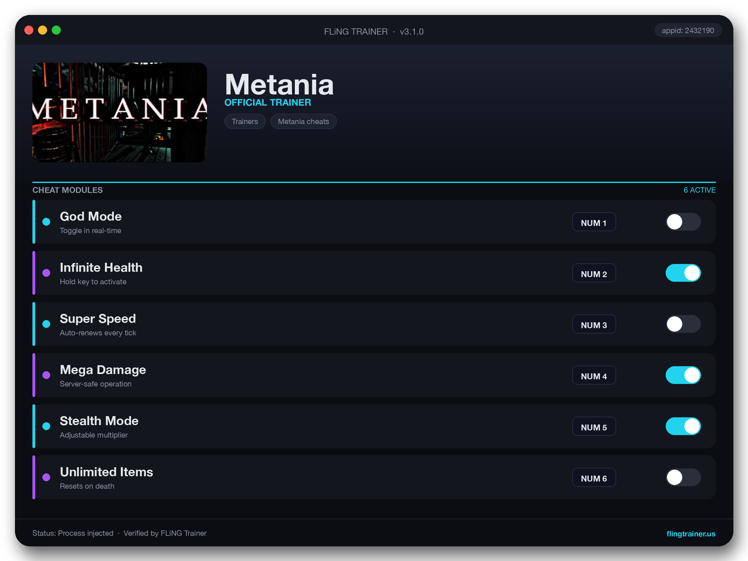 Metania Trainer interface
