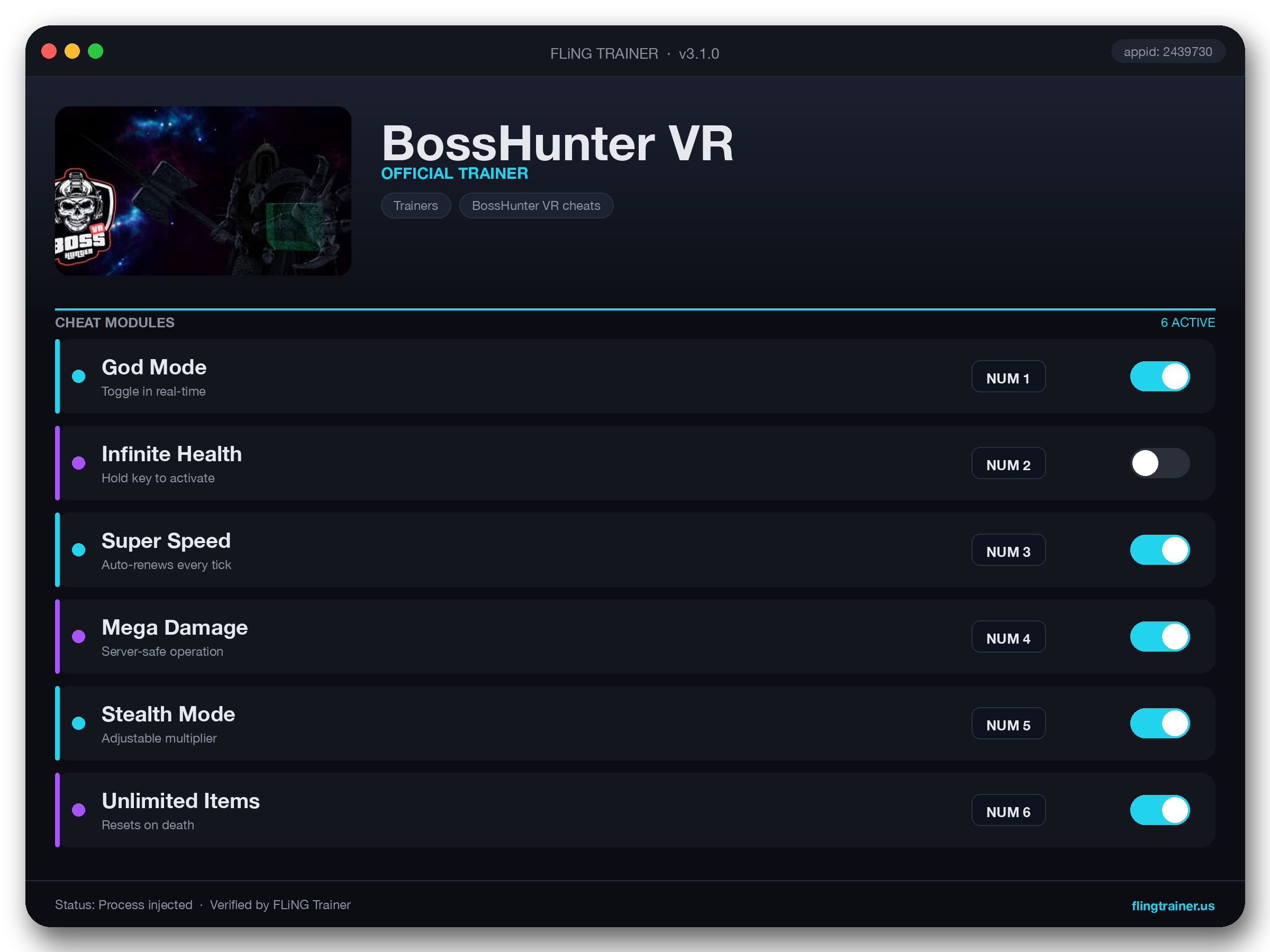 BossHunter VR Trainer interface