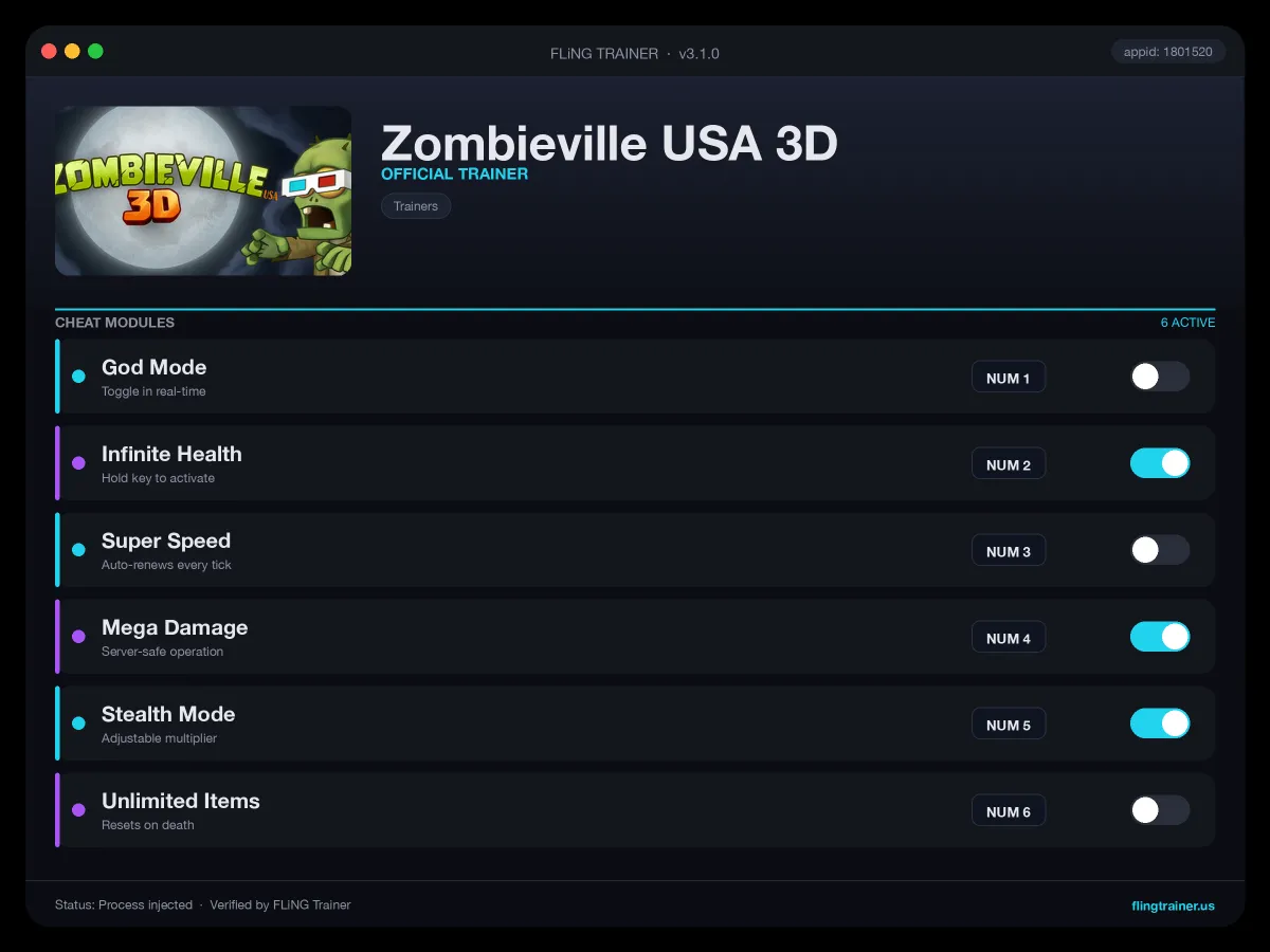 Zombieville USA 3D Trainer interface