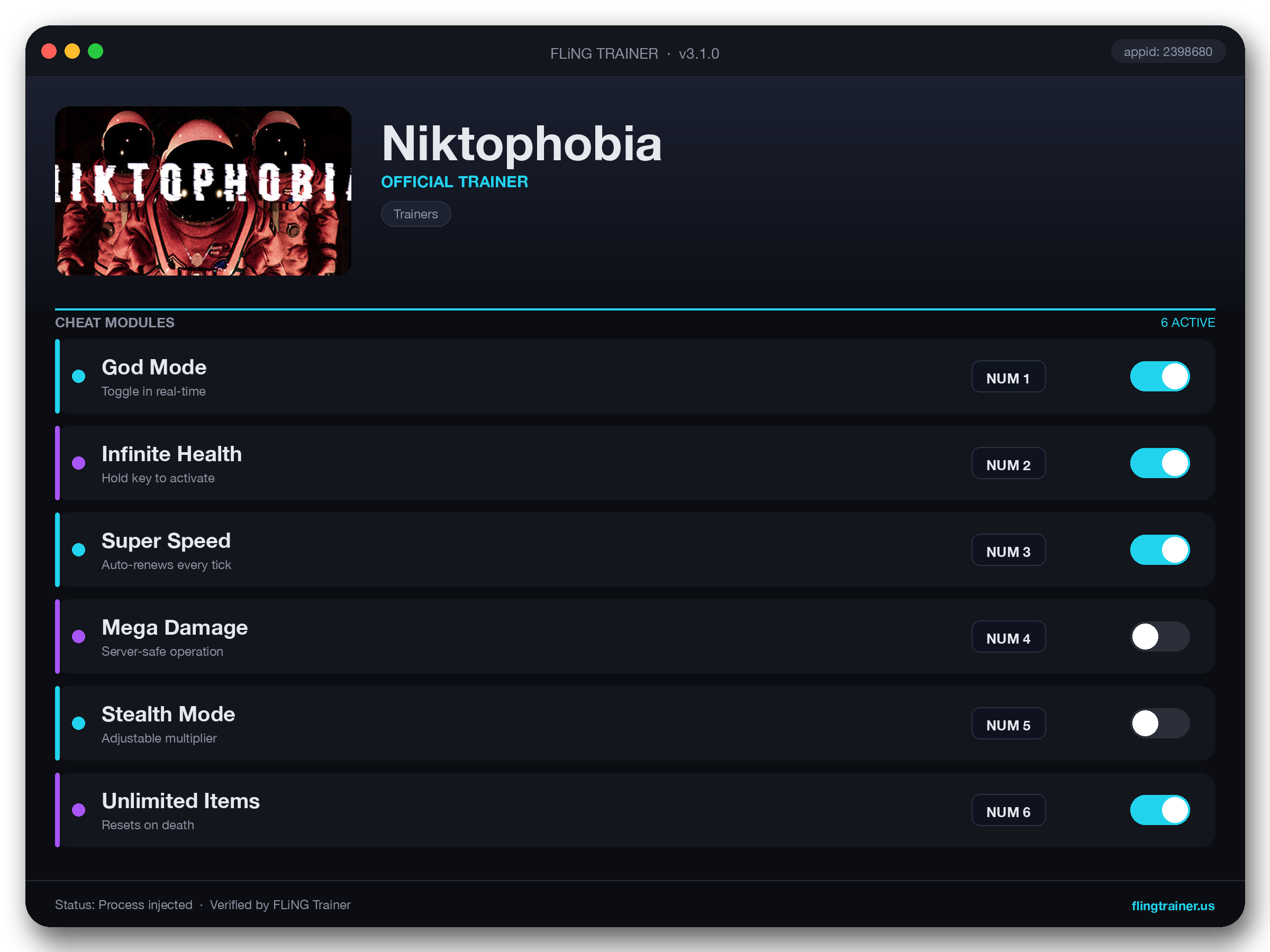 Niktophobia Trainer interface