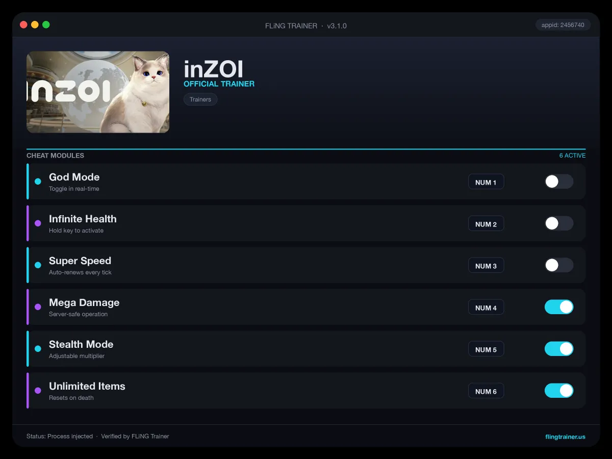 inZOI Trainer interface
