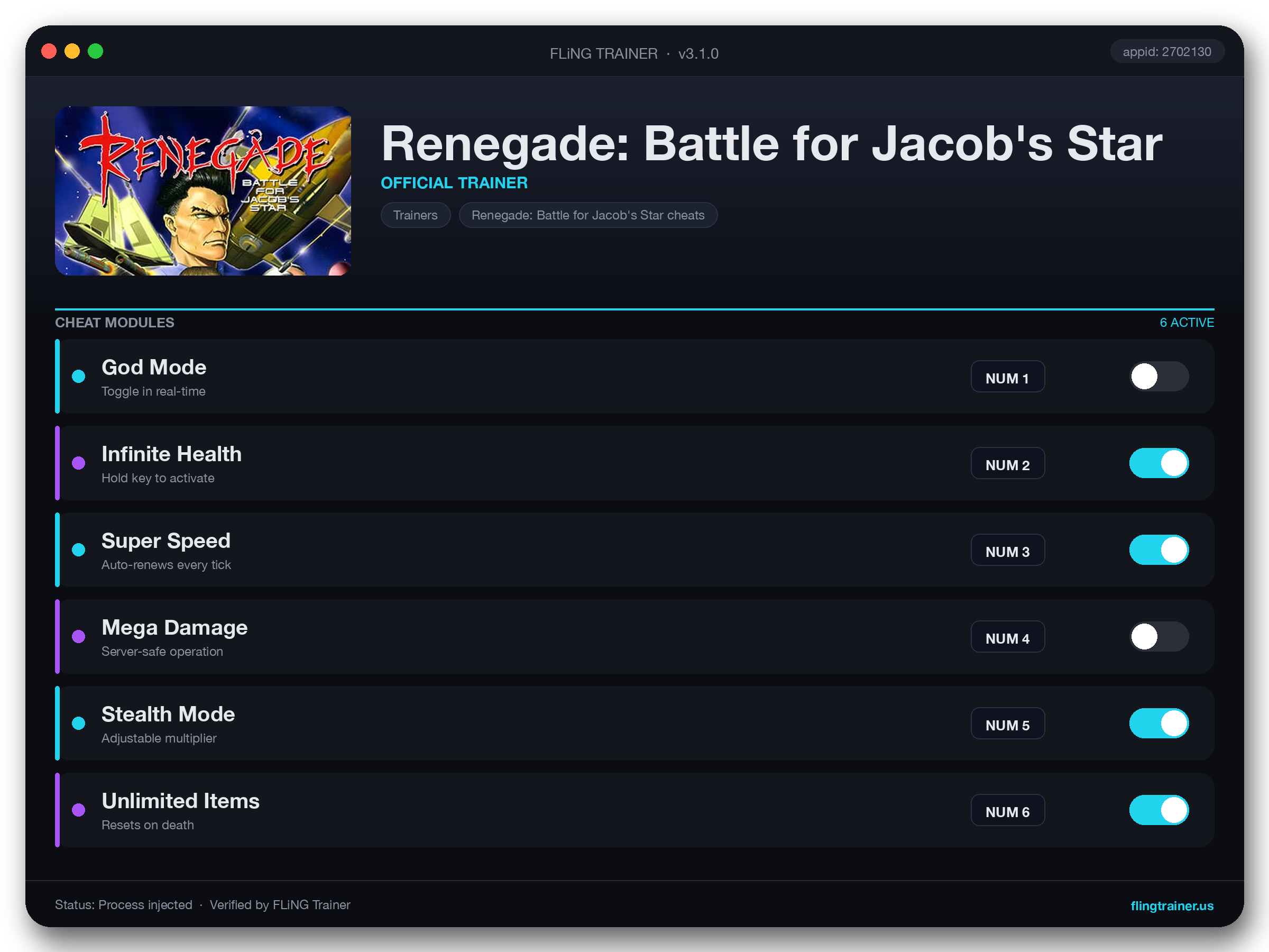 Renegade: Battle for Jacob's Star Trainer interface