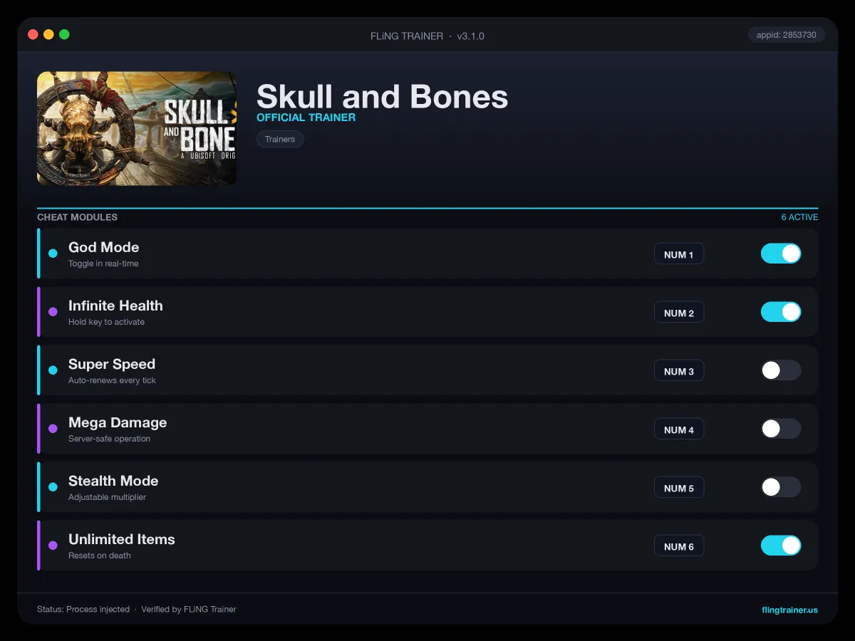 Skull and Bones Trainer interface