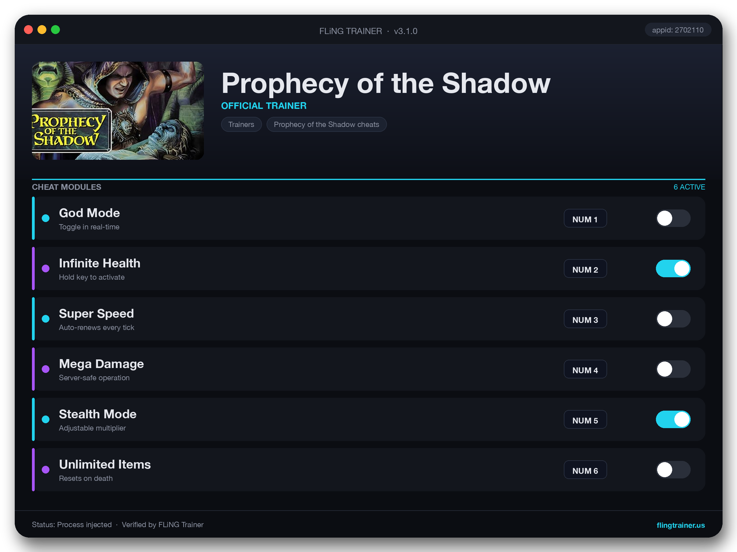 Prophecy of the Shadow Trainer interface