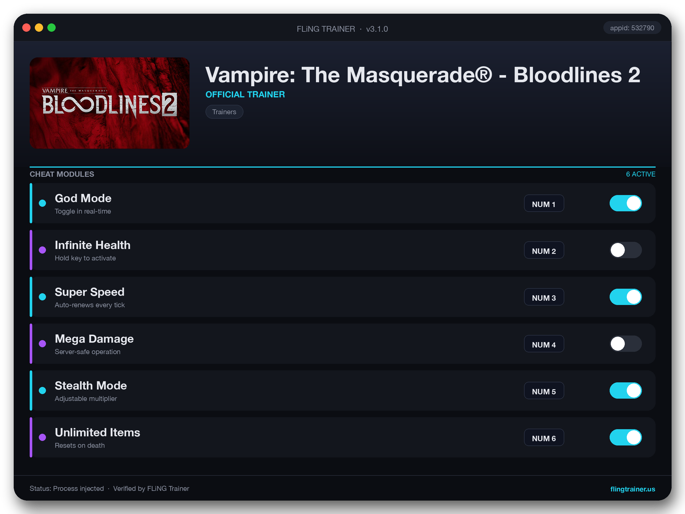 Vampire: The Masquerade® - Bloodlines 2 Trainer interface