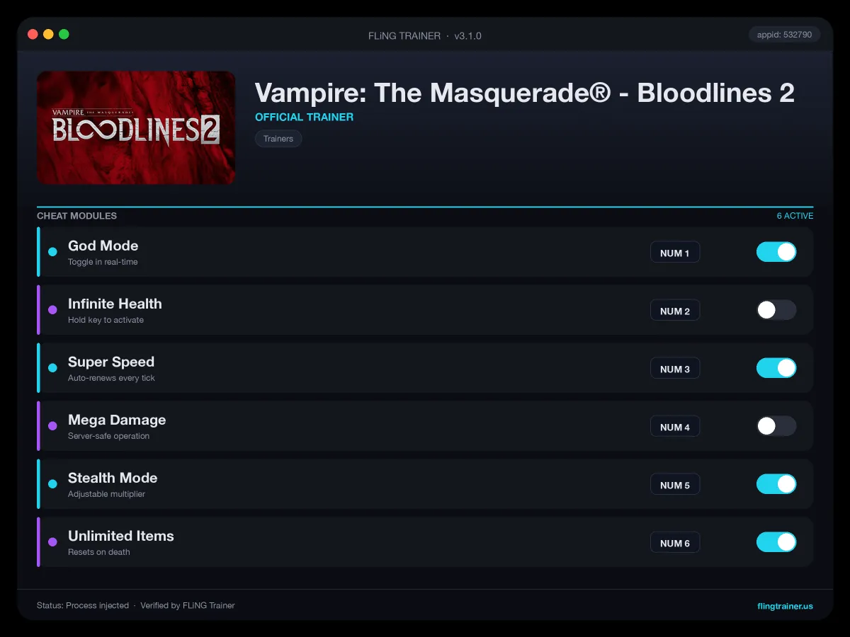Vampire: The Masquerade® - Bloodlines 2 Trainer interface