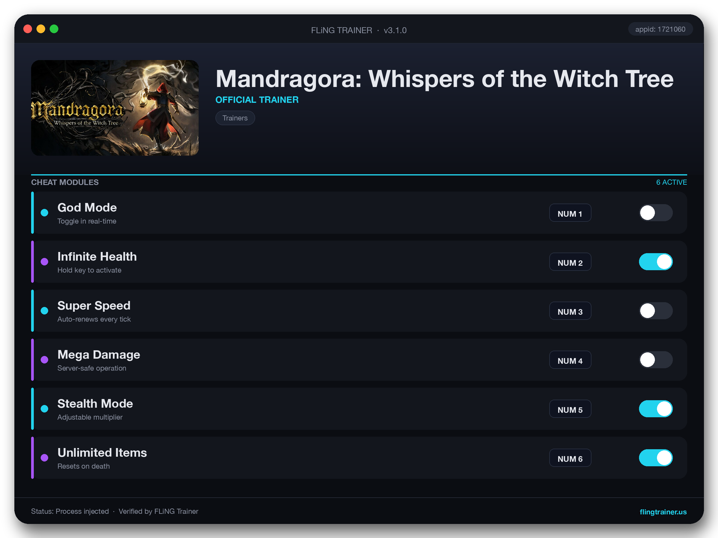 Mandragora: Whispers of the Witch Tree Trainer interface