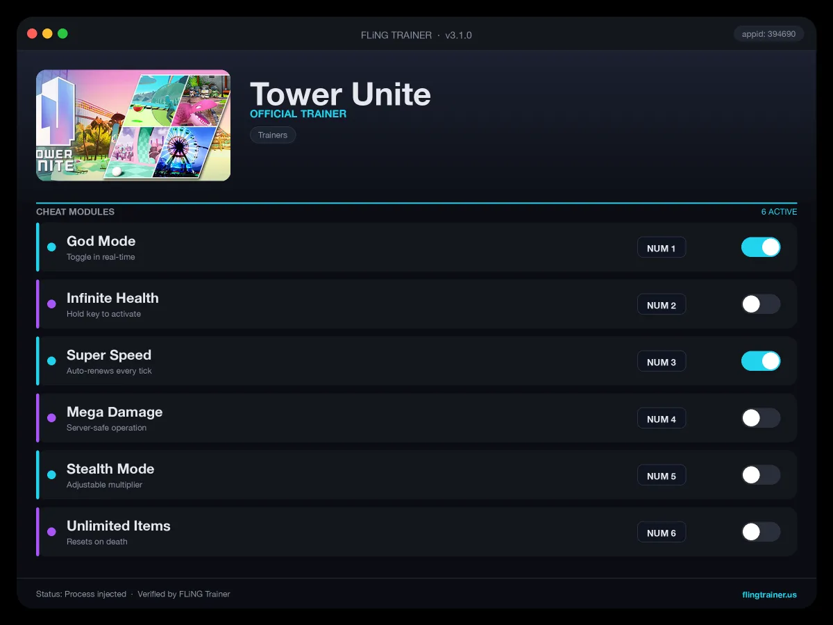 Tower Unite Trainer interface