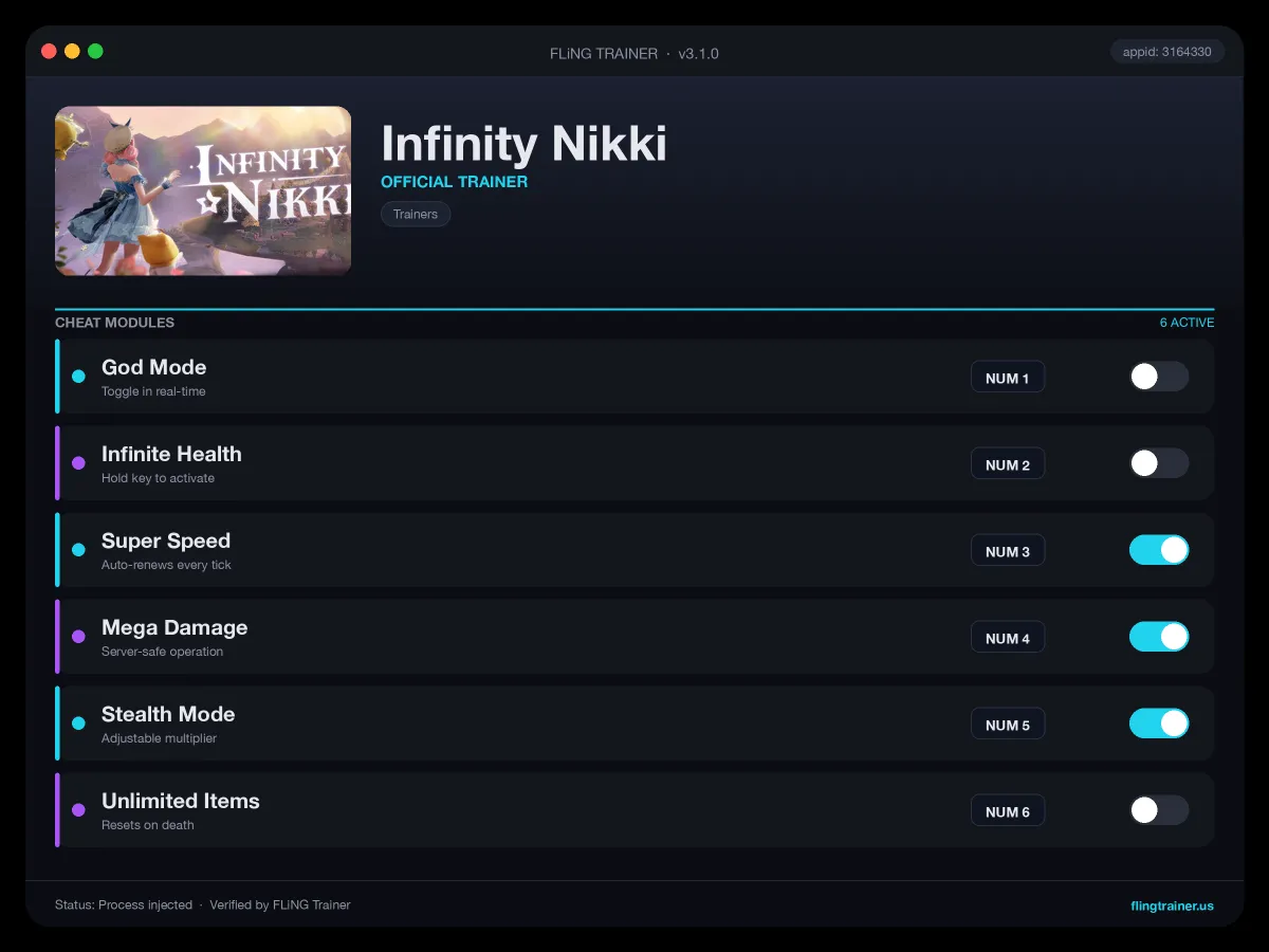 Infinity Nikki Trainer interface