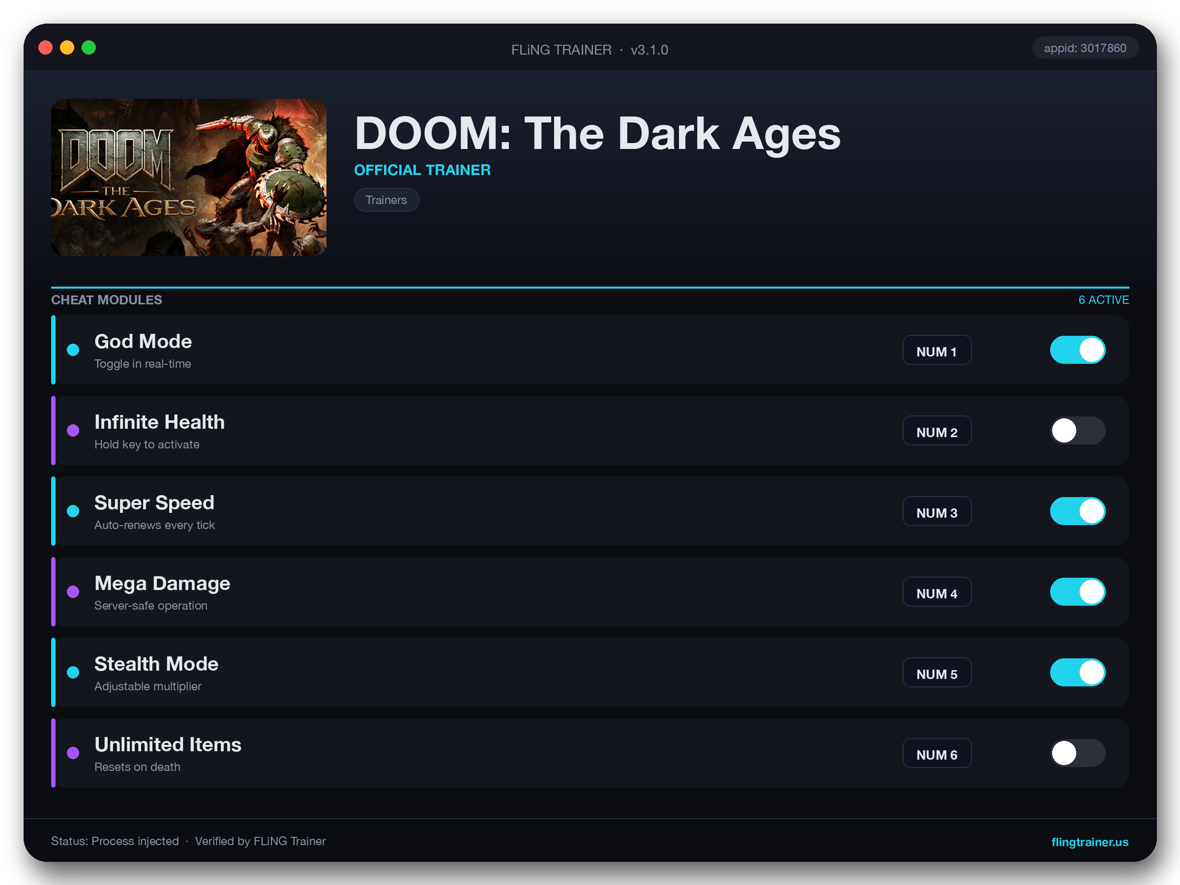 DOOM: The Dark Ages Trainer interface