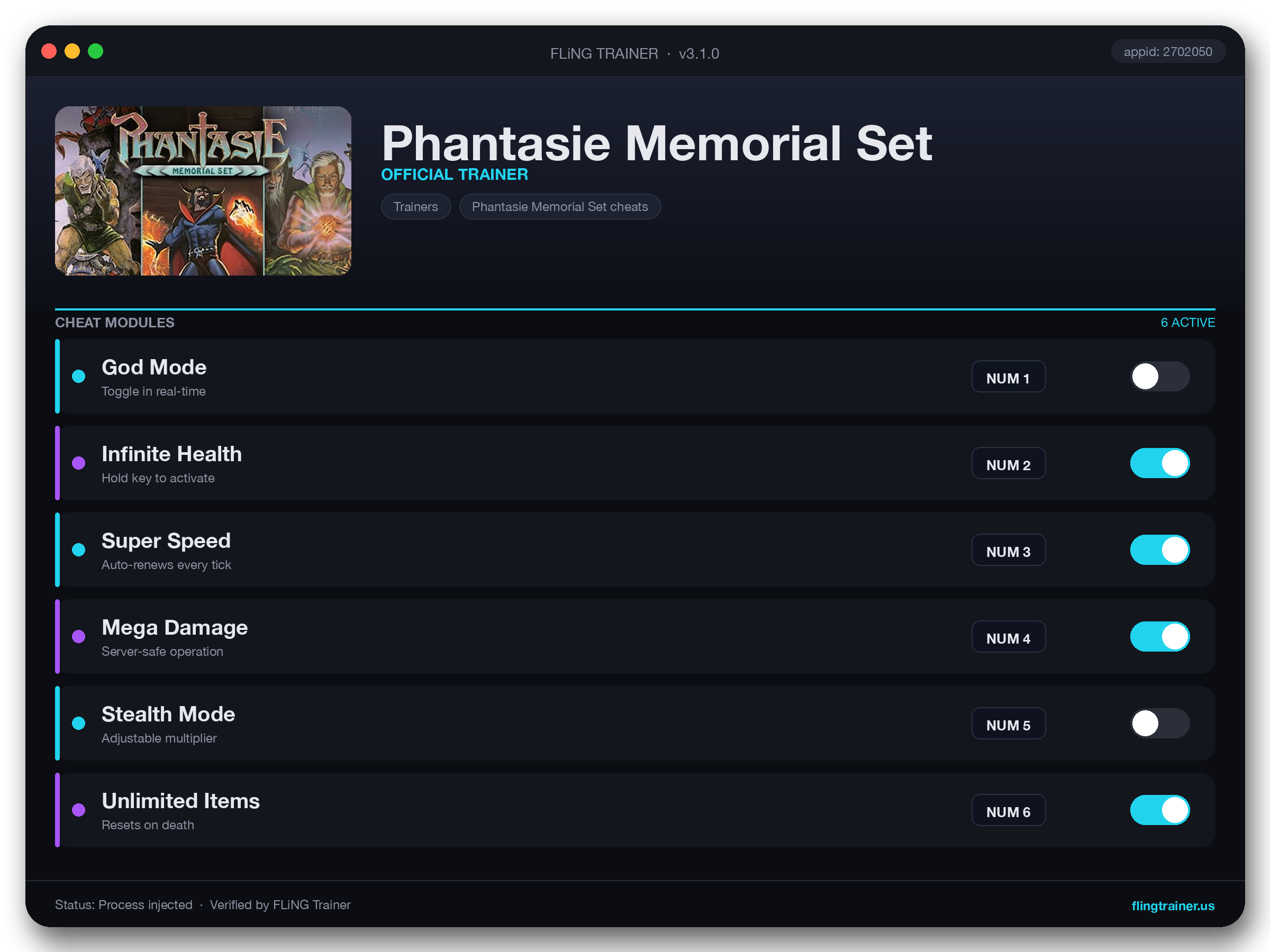 Phantasie Memorial Set Trainer interface