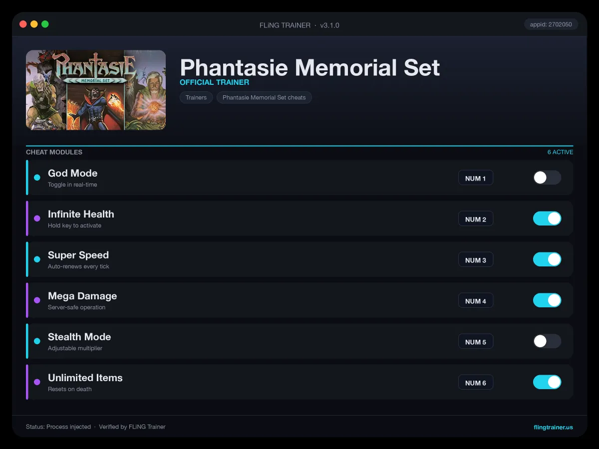 Phantasie Memorial Set Trainer interface