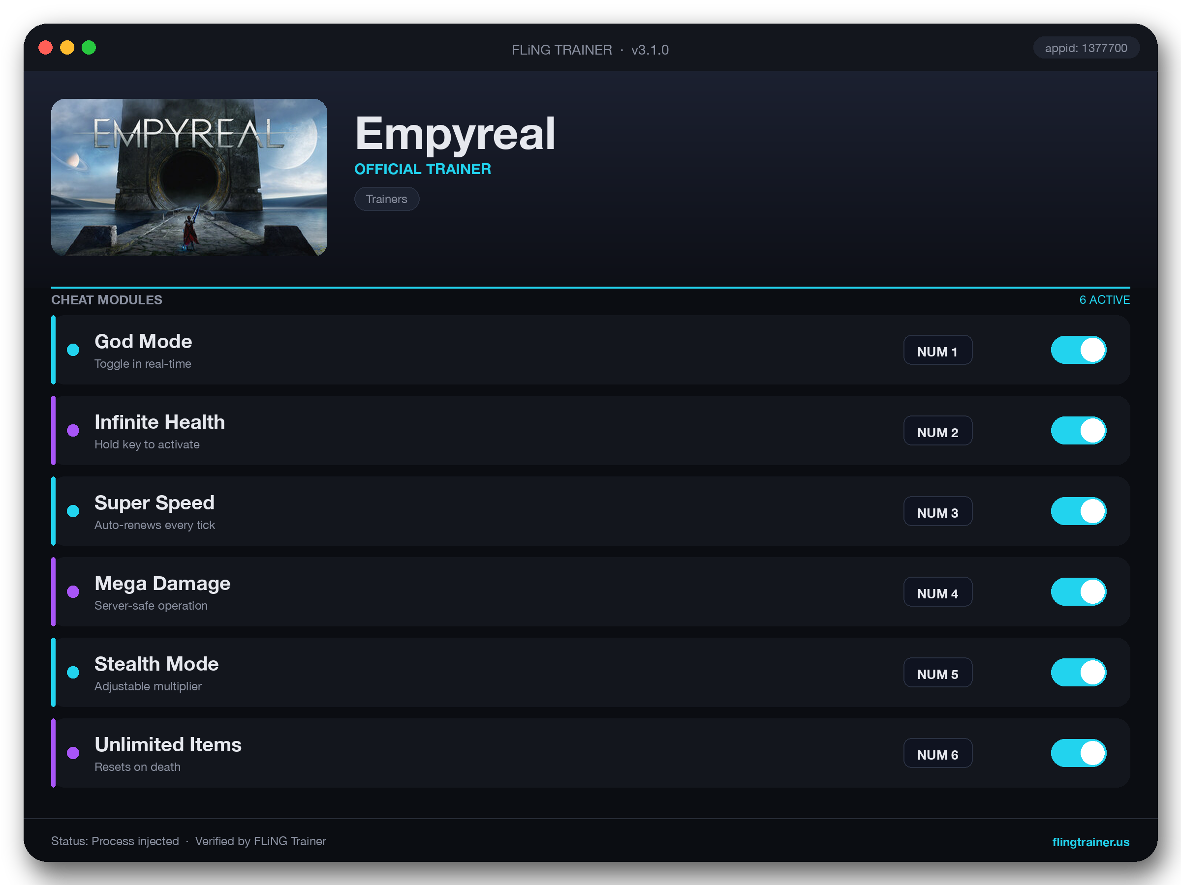 Empyreal Trainer interface
