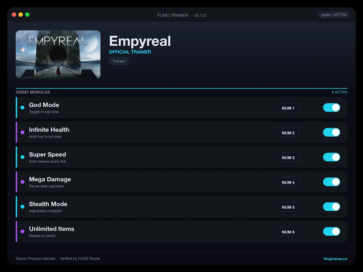 Empyreal Trainer interface