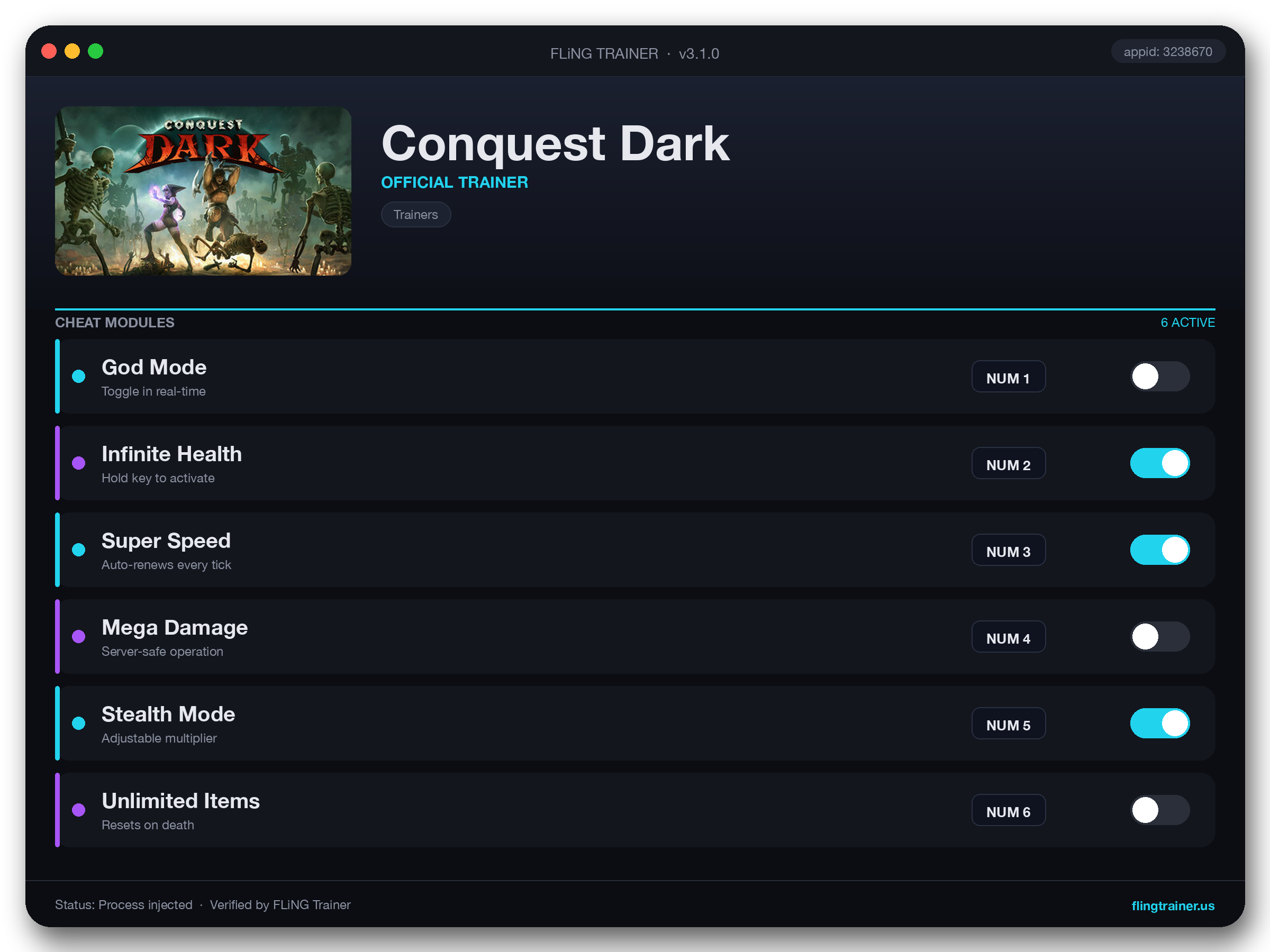 Conquest Dark Trainer interface