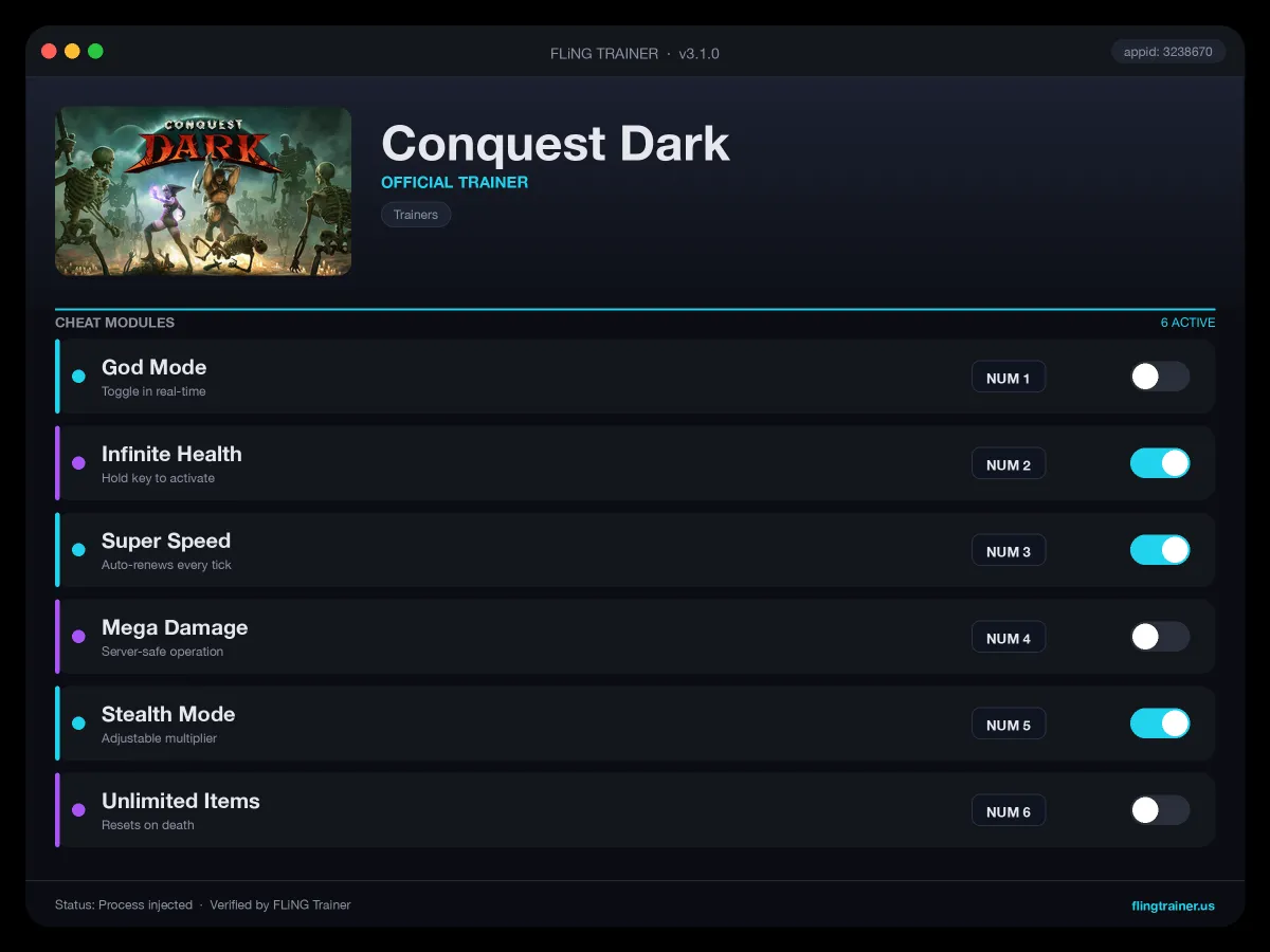 Conquest Dark Trainer interface